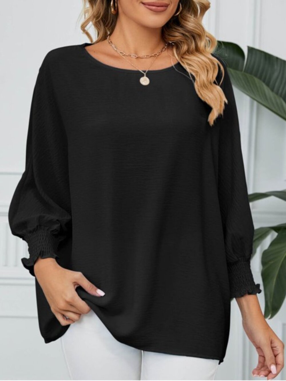 Black Smocked Long Sleeve Batwing Chiffon Blouse - XXL